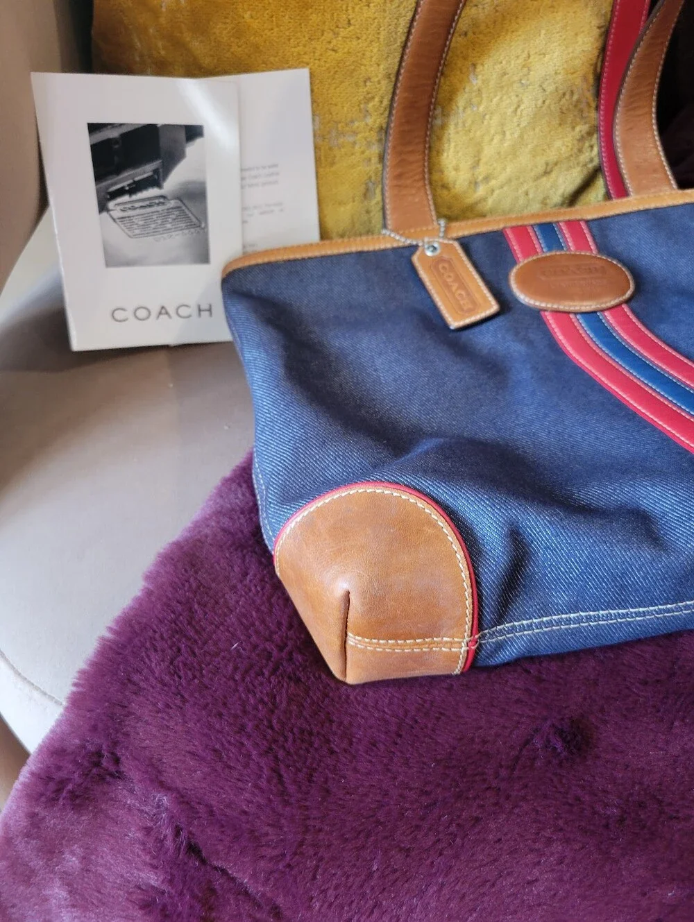 Vintage Coach Varisty Stripe Denim And Leather City Tote